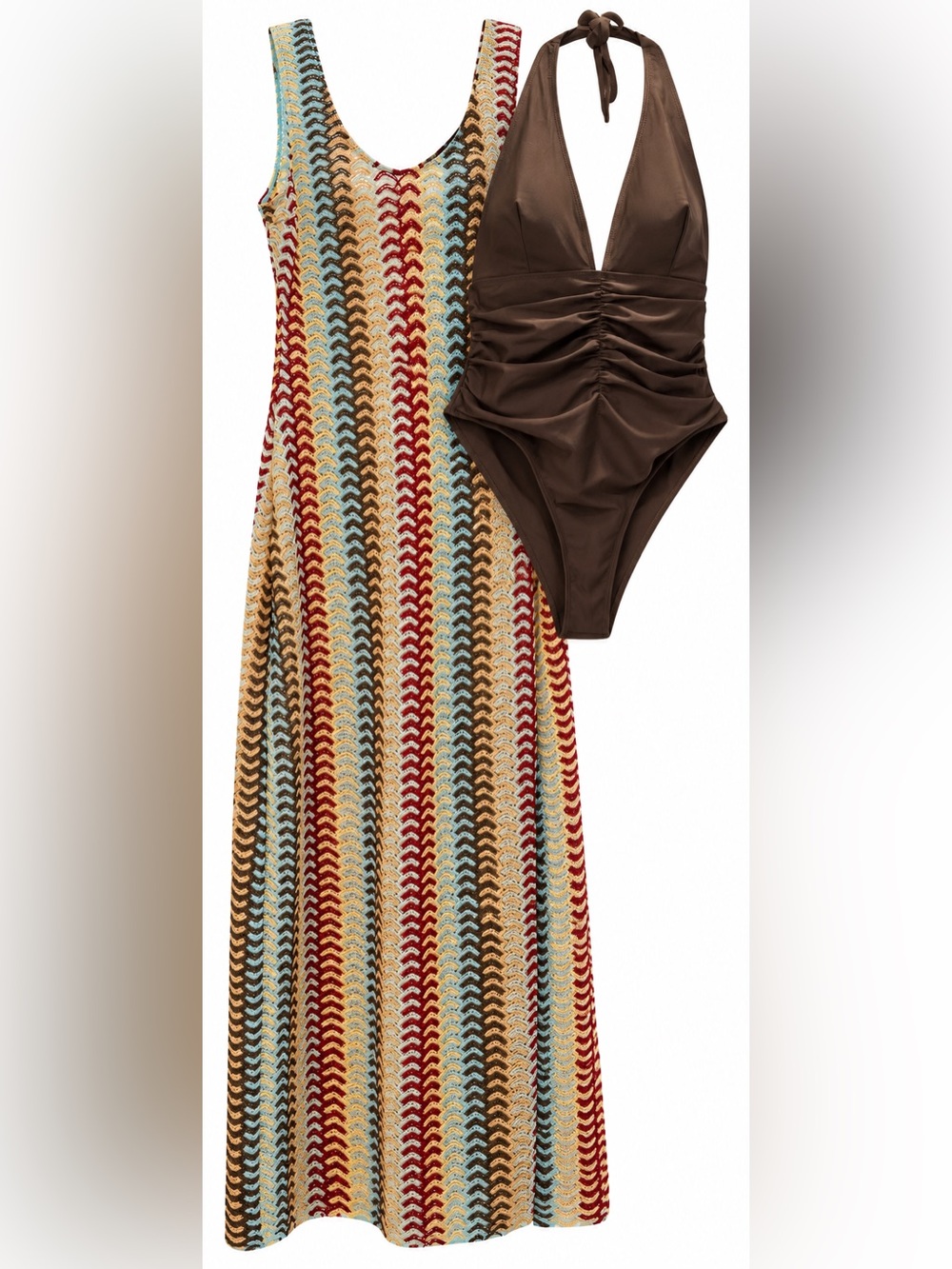 Brown Ruched Halter One Piece Swimsuit & Crochet Maxi Cover Up Dress Set Sz 8-10